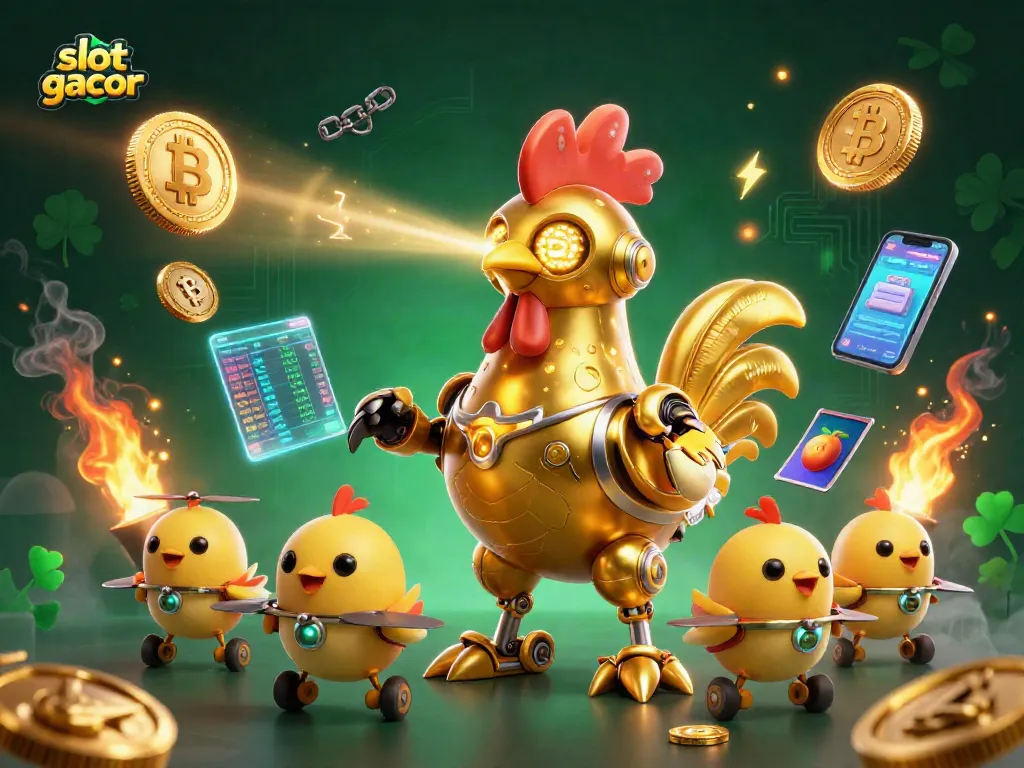 Experience thrilling slot gacor action with a golden rooster robot in a vibrant casino world.