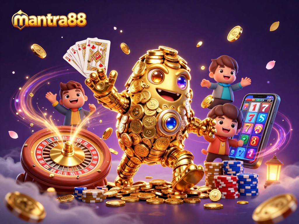 Engage with mantra88's high-stakes gaming adventure featuring a golden golem and dynamic casino elements.