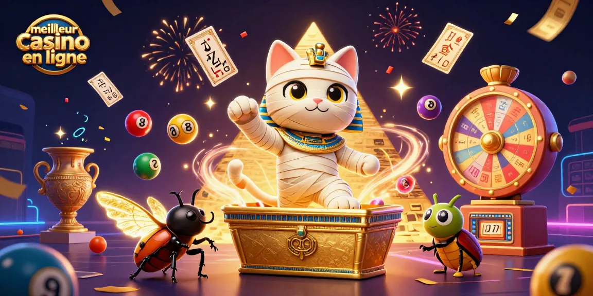 Illustration animée de meilleur casino en ligne avec un chat momie égyptien et des éléments de jeu