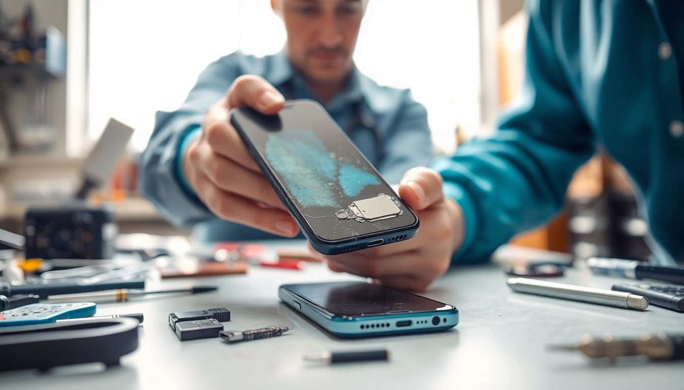 Evaluate water damaged phone cash by a technician in a repair shop.