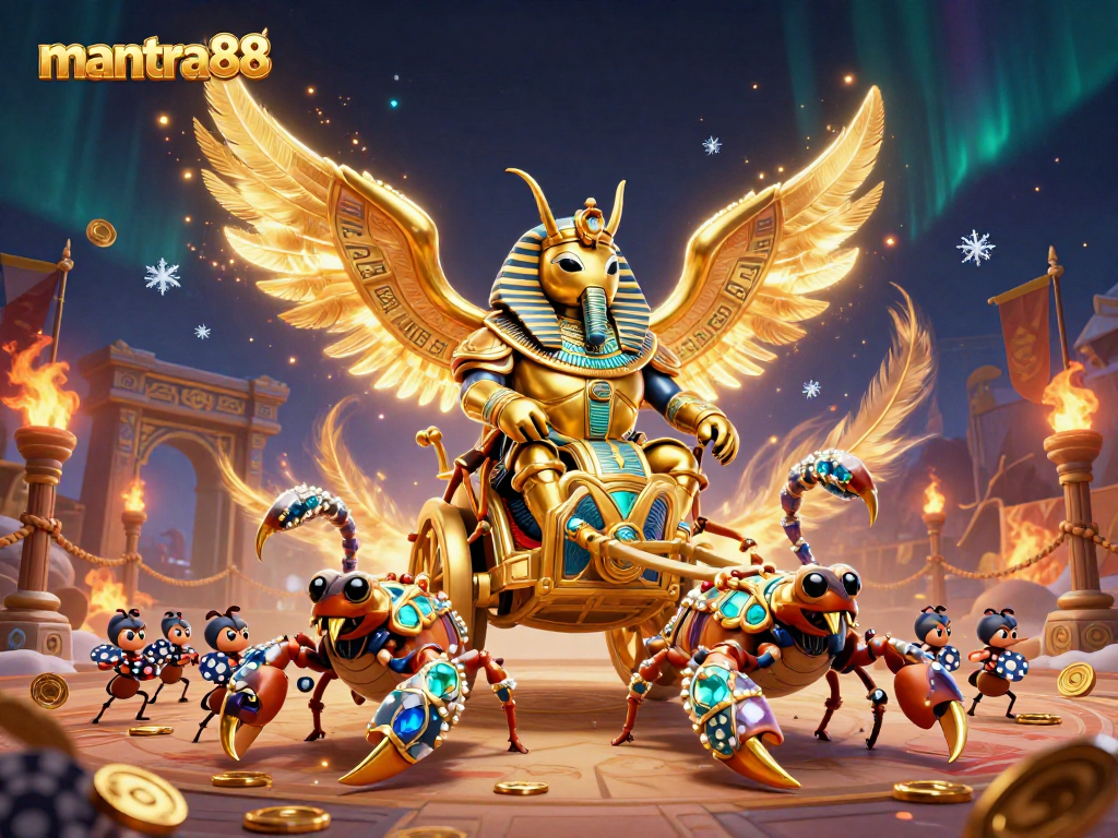 Experience thrilling excitement at mantra88 with a colossal golden scarab beetle leading an epic gambling battle.
