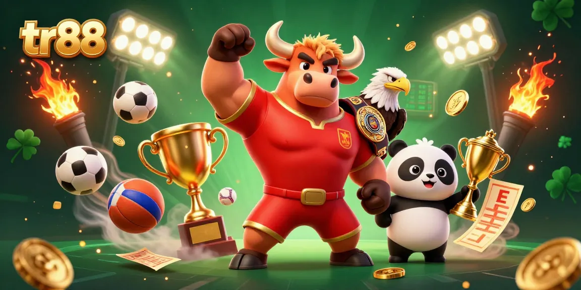 Catching big wins at tr88's gaming platform featuring a victorious bull mascot and a golden trophy