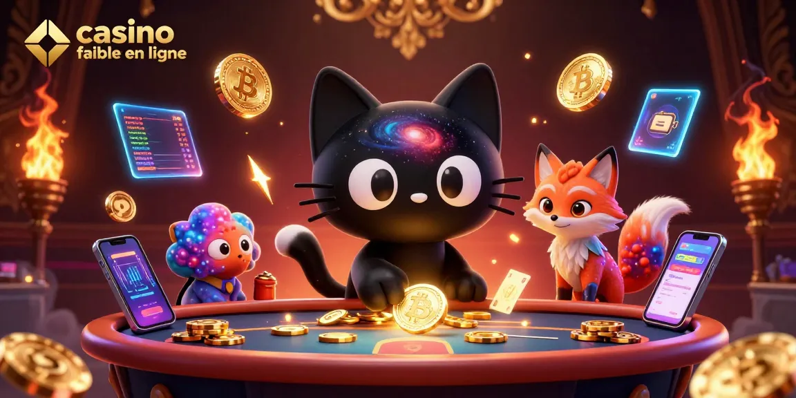 Illustration captivante d'un casino fiable en ligne avec un chat noir et un renard nébuleux, attirant des jetons d'or.
