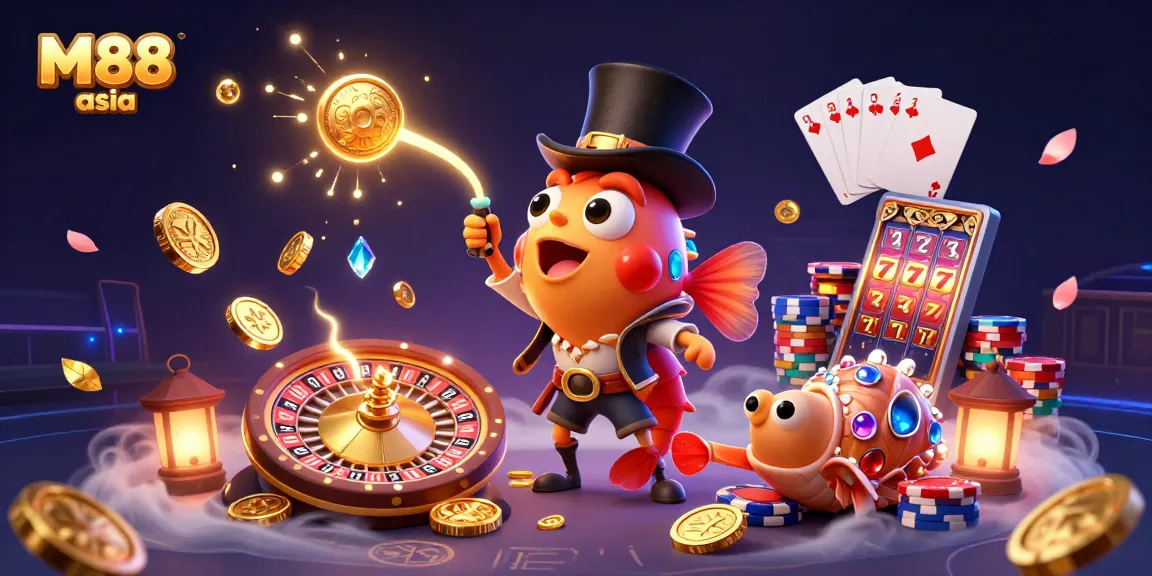 Engage with M88 asia as the anglerfish attracts golden coins amid a vibrant casino underwater scene.