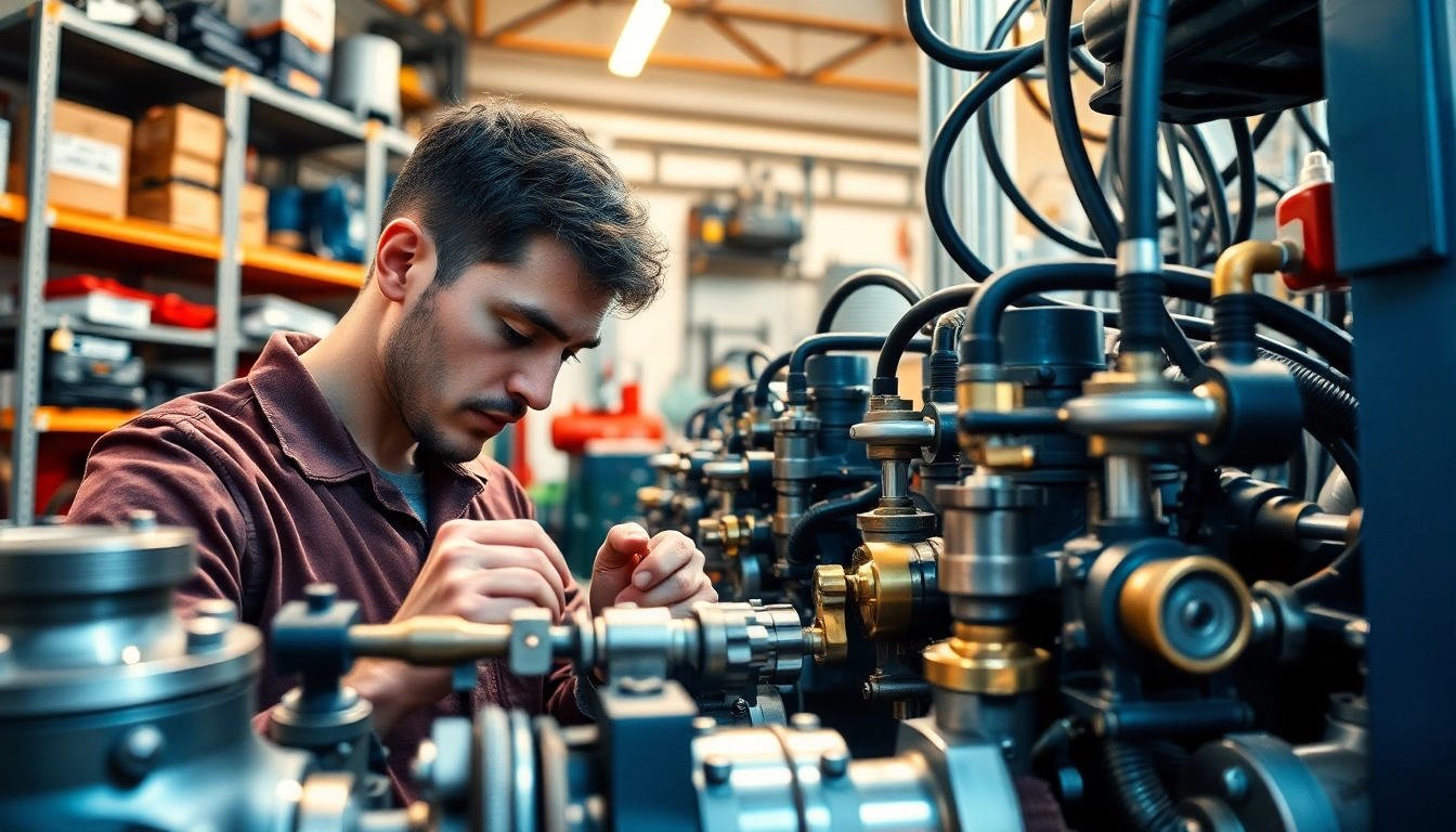 Technician assembling fluid power systems components in a workshop environment.