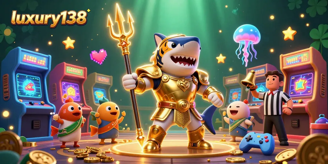 luxury138 meraih kemenangan dengan permainan kasino 3D, termasuk ikan kecil dan elemen kasino berwarna cerah.