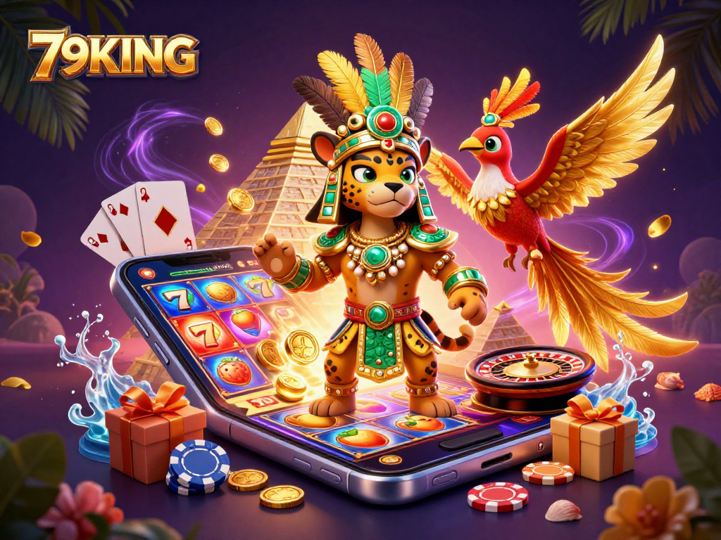 Experience thrilling gameplay with 79KING as a Mayan jaguar priest delights in vibrant 3D casino art.