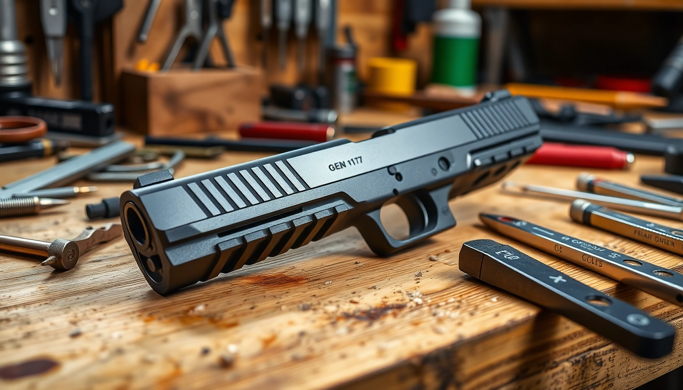 Examine the glock 17 gen 5 slide featuring detailed craftsmanship on a workbench.