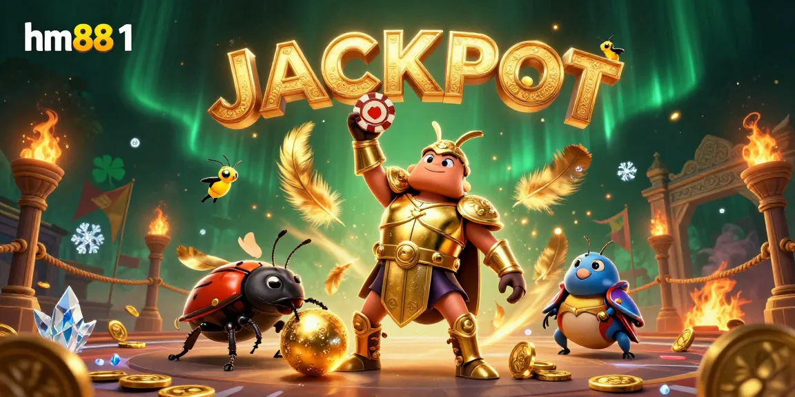 Experience the thrilling action of hm88 1 with vibrant scenes depicting a victorious beetle champion and exciting casino elements.
