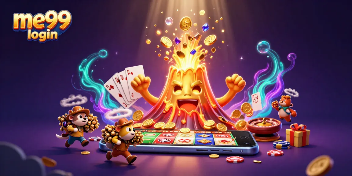 Experience the excitement of me99 login as coins erupt from a golden volcano, revealing treasures in a vibrant casino scene.