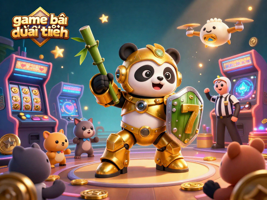 Experience game bài đổi thưởng in a vibrant 3D battle scene filled with colorful arcade elements and dynamic action.