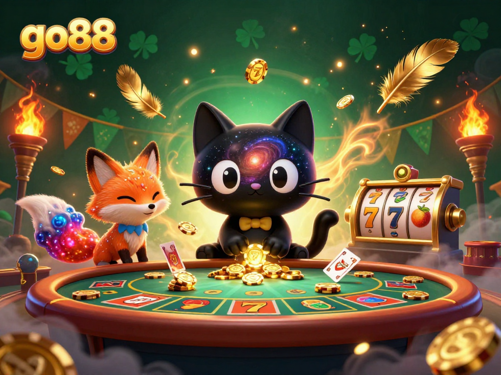 Experience go88 at a vibrant casino scene with a black hole cat and colorful fox, engaging with golden chips.