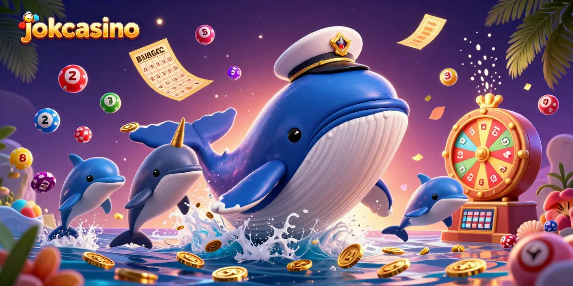Experience jokacasino with whales, dolphins, and lottery fun in vibrant 3D illustration.