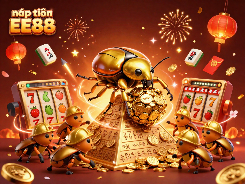 Experience nạp tiền EE88 with a festive 3D digital scene featuring legendary casino symbols and characters.