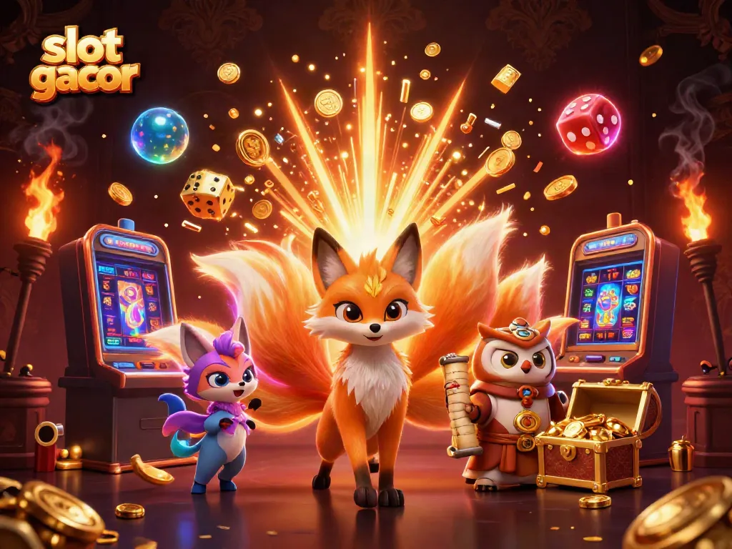 Slot gacor yang menyenangkan dengan karakter fantastis dan jackpot berlimpah di latar belakang.