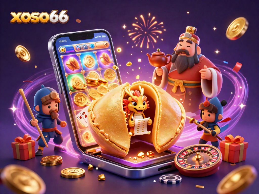 Play exciting games with xoso66 in a vibrant online casino scene filled with fortune cookies and dragons.