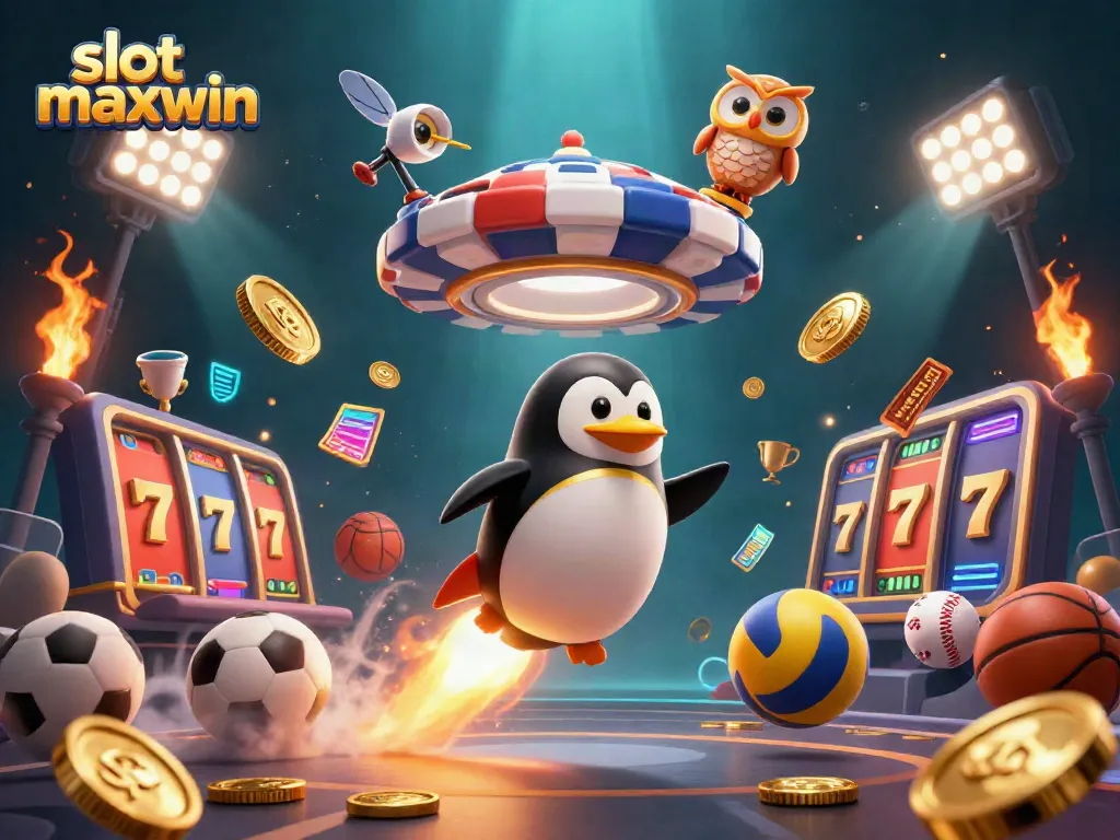 Experience slot maxwin thrills with a dynamic 3D scene of a golden penguin and casino elements.