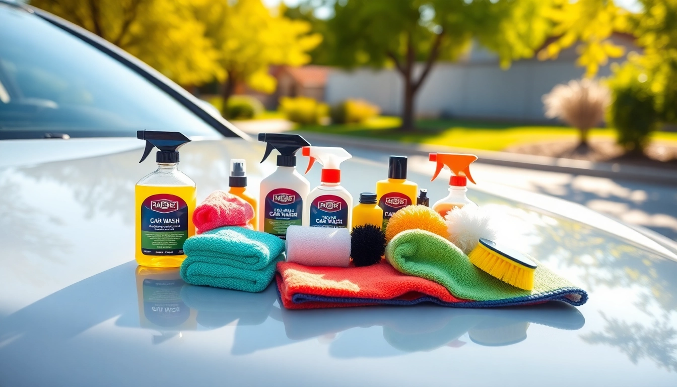 Showcasing a car wash kit for beginners with colorful products for effective cleaning.