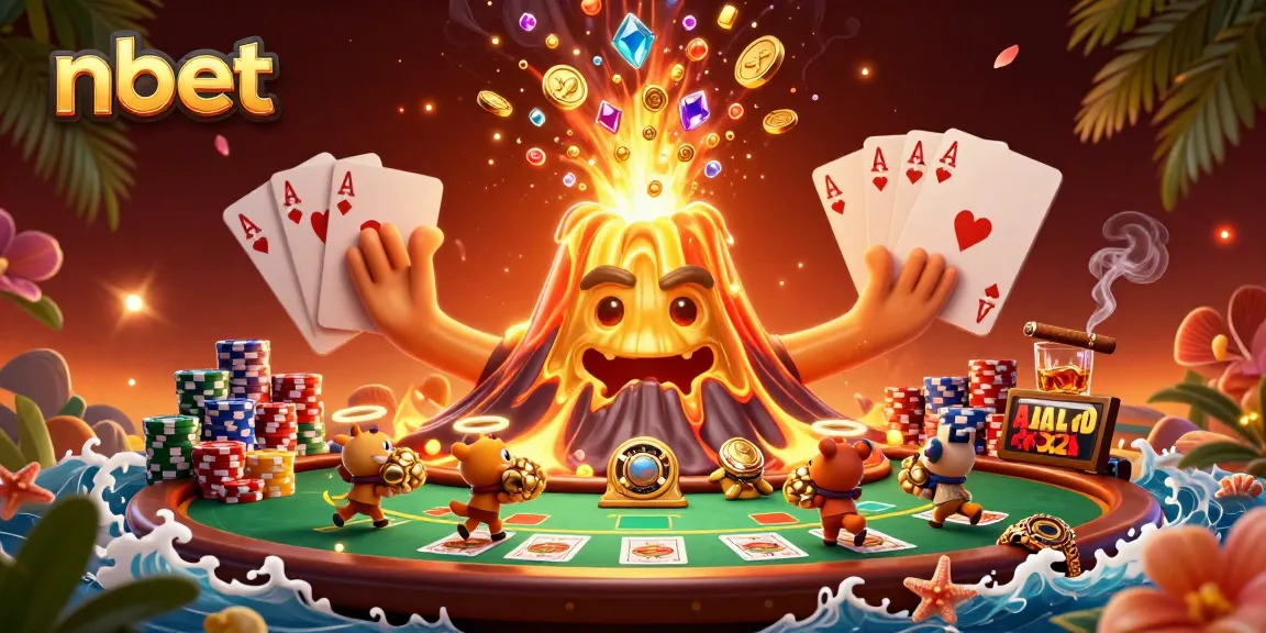 Experience the excitement of nbet with a golden volcano, treasure-exploring animals, and vibrant casino elements.