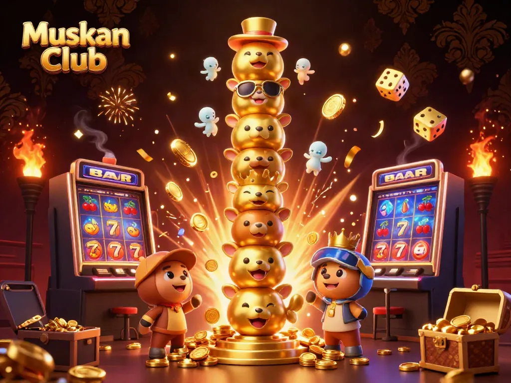 Experience Muskan Club in a vibrant 3D casino scene bursting with exciting gaming elements.