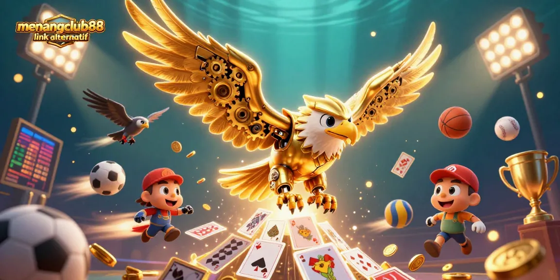 Experience thrilling bets with menangclub88 link alternatif amidst a packed casino scene featuring a cybernetic eagle and sports elements.