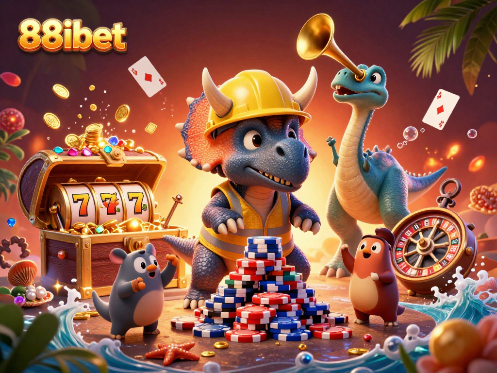 88ibet showcases a dynamic casino scene with triceratops and slot reels building a playful atmosphere.