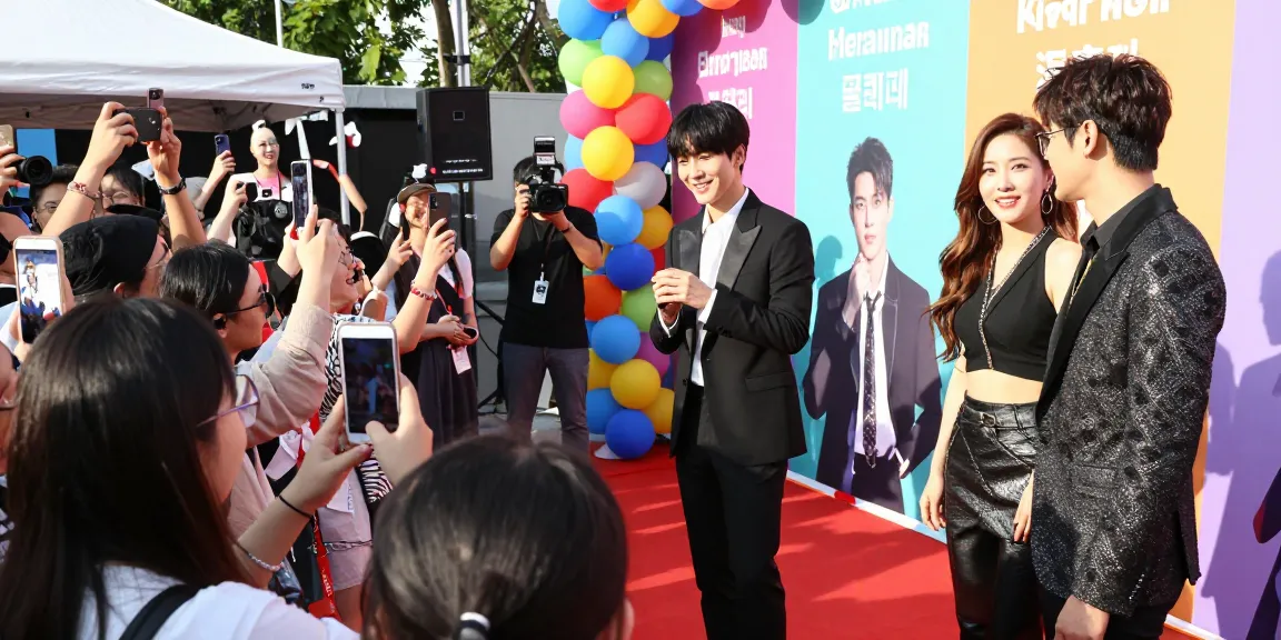 Celebrities that look alike engaging with fans at a lively outdoor event, capturing the excitement of celebrity culture.