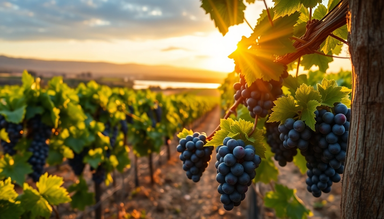 Captivating view of grapevines in the Sacramento Delta Wine Region at sunset.