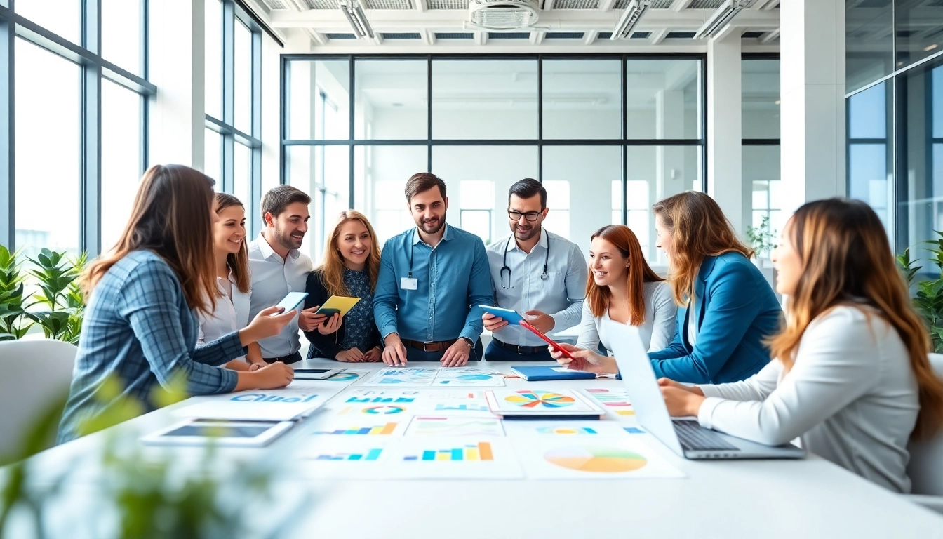 Social media agency team in a collaborative brainstorming session showcasing modern strategies.