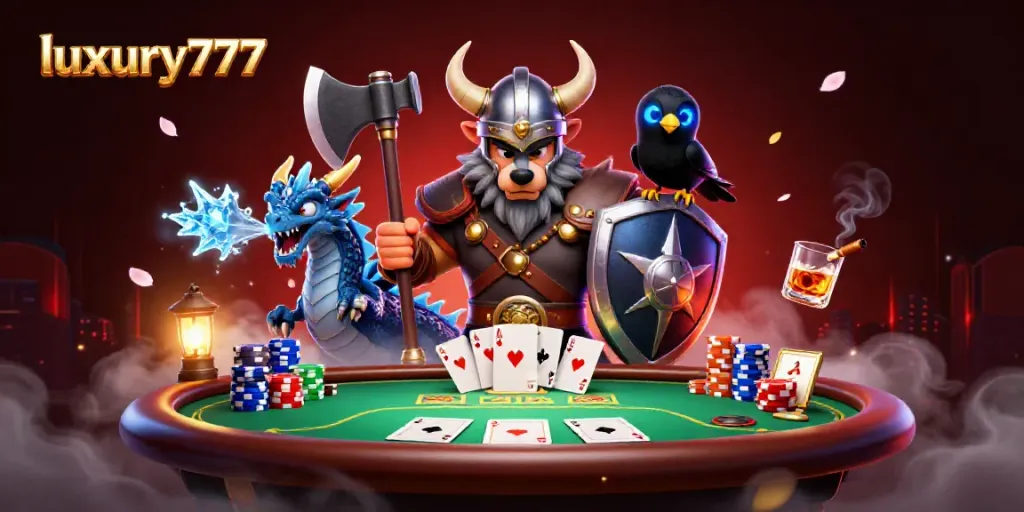 Engage with luxury777's dynamic poker battle featuring a Viking wolf warrior and adorable companions.