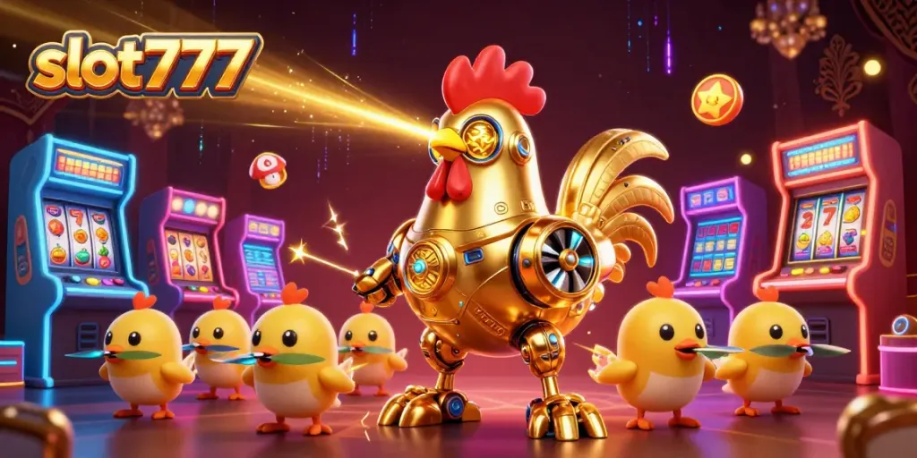 slot777 menampilkan mesin slot dan simbol jackpot di latar belakang yang penuh warna.