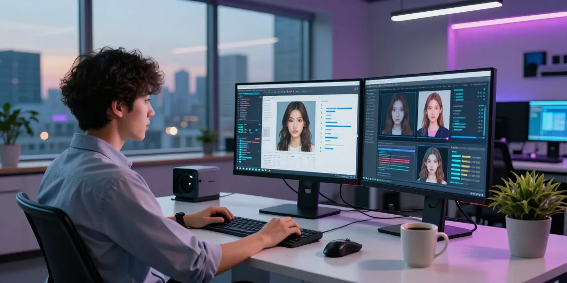 AI Image Detector analysis in a high-tech lab with data scientist at a workstation