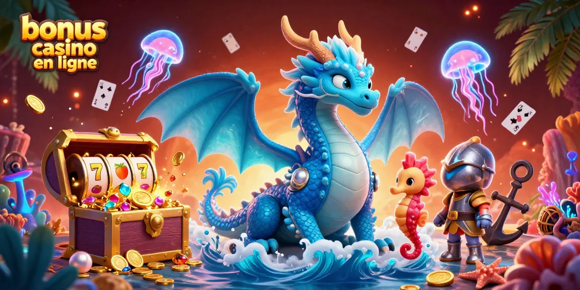 Illustration dynamique sur le bonus casino en ligne avec des dragons aquatiques et des trésors marins.