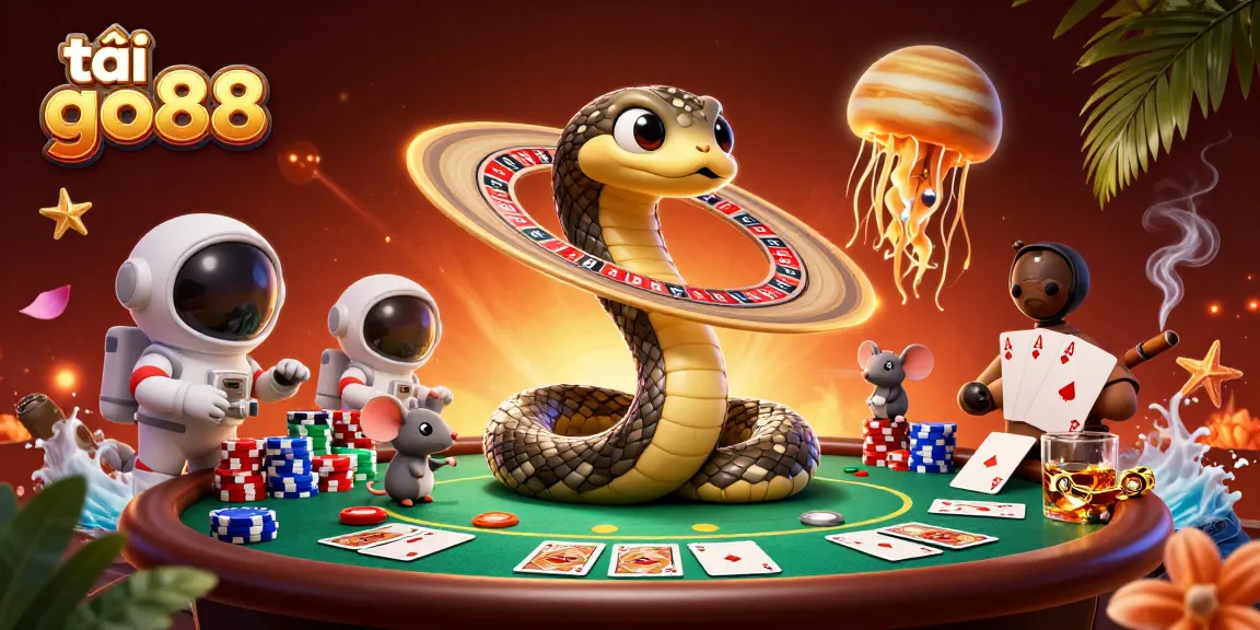 Engage with tải go88 while exploring a vibrant 3D casino scene filled with cosmic characters and gambling elements.