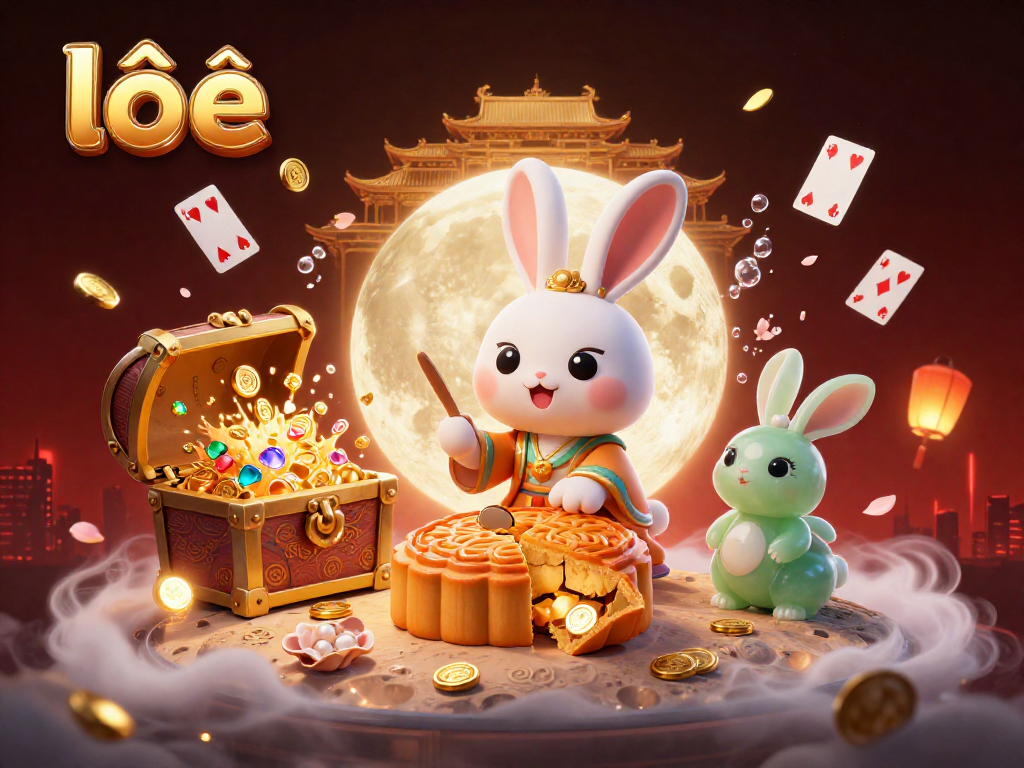 lô đề action scene with a moon rabbit and jade rabbit surrounded by casino elements and treasures