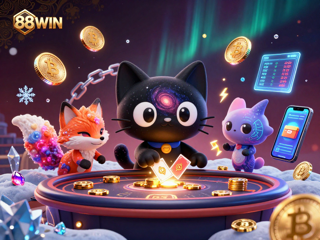 Experience gaming excitement with 88WIN at a cosmic casino table surrounded by vibrant crypto elements.