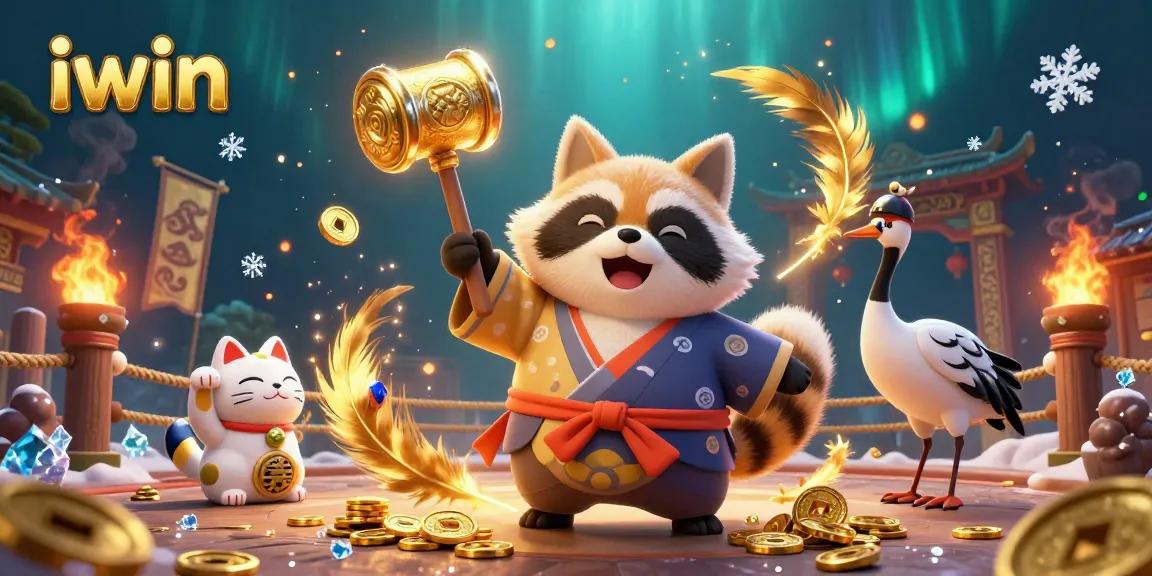 Experience iwin's vibrant gaming atmosphere with a lively cartoon tanuki and colorful symbols in a dynamic casino scene.
