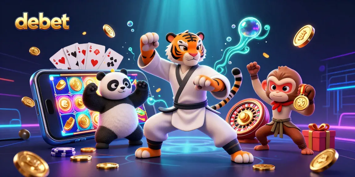 Engage with debet: A tiger master and friends enjoy a lively casino scene with slot games and golden treasures.