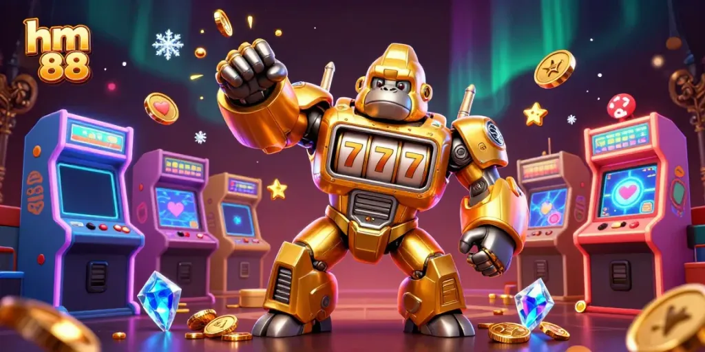 Engage in thrilling games at hm 88 with a vibrant digital casino scene featuring a golden gorilla mech.