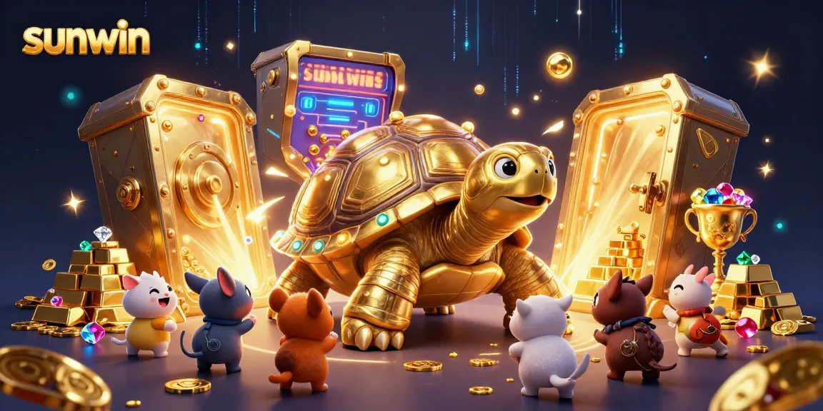 Engage with sunwin's vibrant gaming scene, featuring a joyful tortoise pinball machine surrounded by treasure.
