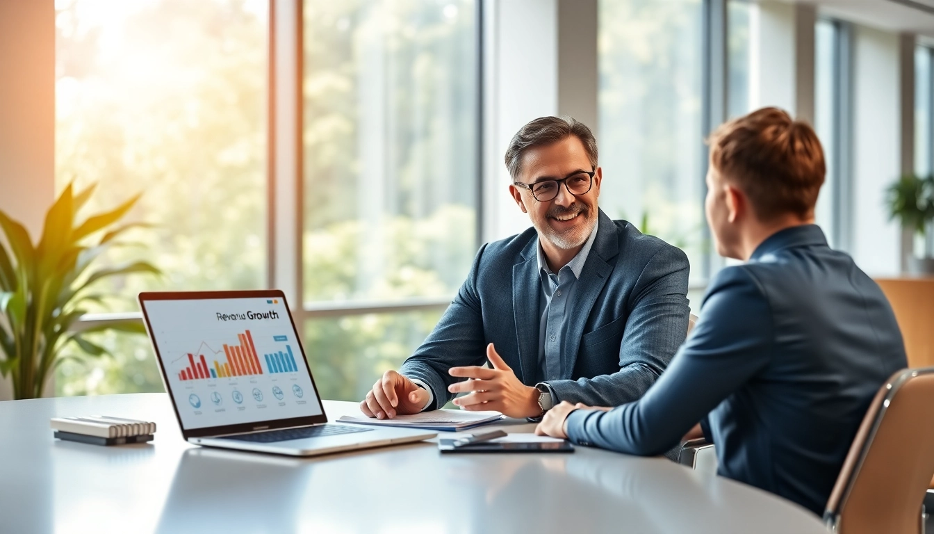 Revenue growth consultant Sacramento assisting clients with strategies in a modern office.
