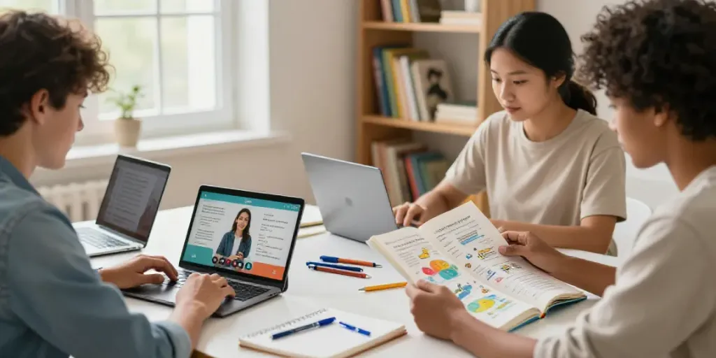 Engaged students learning English online through interactive materials in a cozy study, showcasing the Situs toto learning approach.