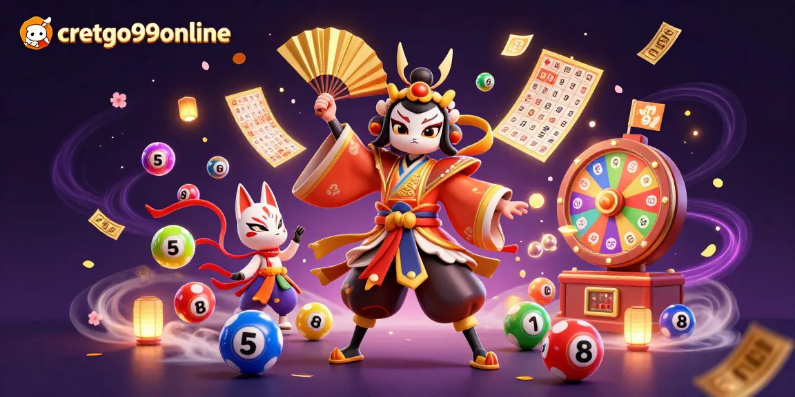 Immerse in the dynamic world of cretgo99online with vibrant lottery elements and a kabuki warrior.