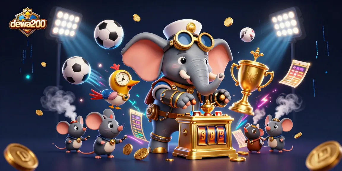Menghadirkan dewa200, gajah insinyur steampunk mengoperasikan mesin slot emas, dikelilingi bola olahraga.
