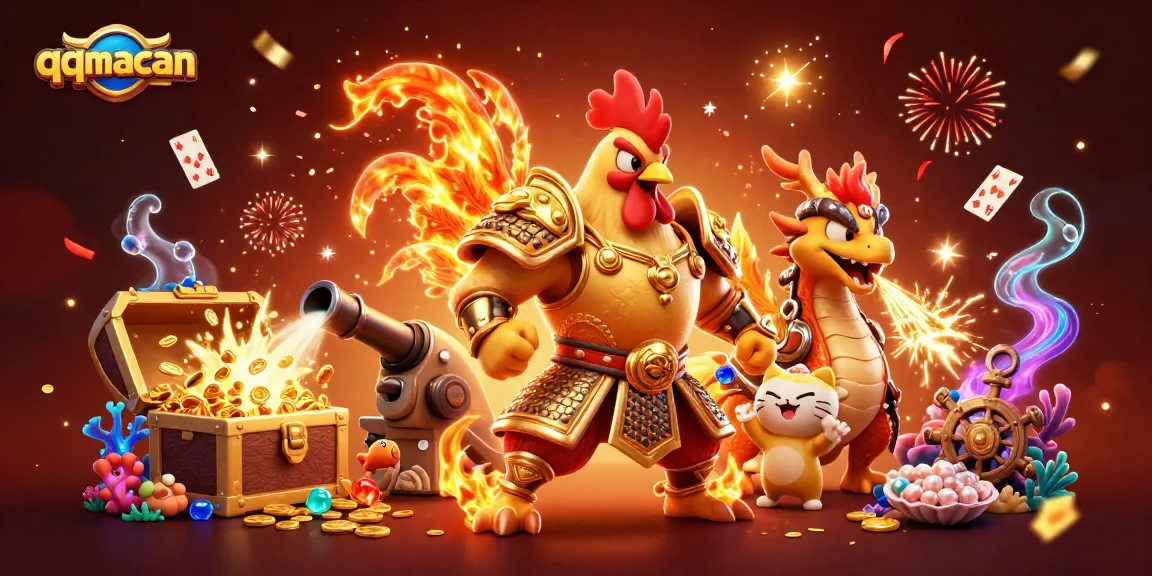 Engage with the thrill of qqmacan, featuring a powerful fighting rooster and dragon in an exciting casino illustration.