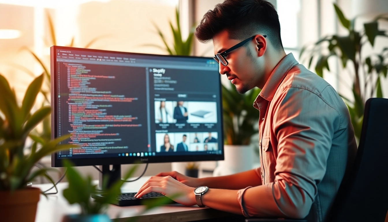 Showcase of Custom Shopify development in action, highlighting a developer at work with a vibrant Shopify storefront.
