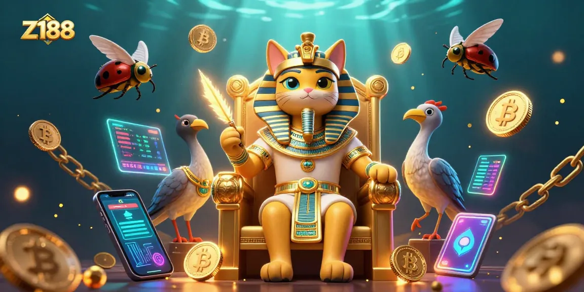 Join the Z188 excitement with the Egyptian pharaoh cat amidst vibrant casino elements!