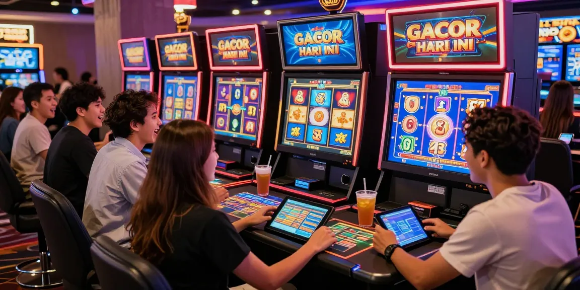 Friends enjoying slot gacor hari ini in a lively online casino setting, vibrant atmosphere, modern technology.