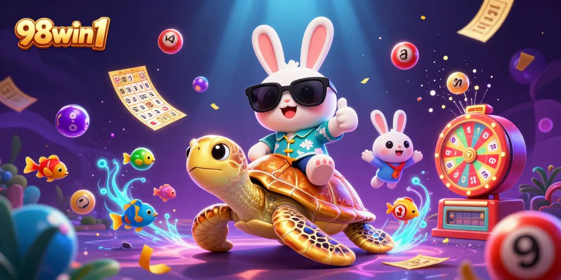 Experience the joy of winning with 98win1 as the lucky rabbit rides a golden turtle through dynamic casino vibes.
