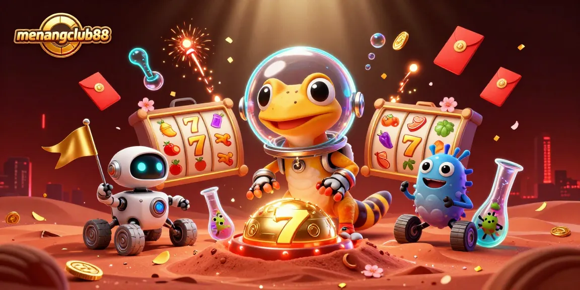 Experience excitement with menangclub88 in a vibrant casino-themed Martian adventure illustration filled with fun gambling elements.